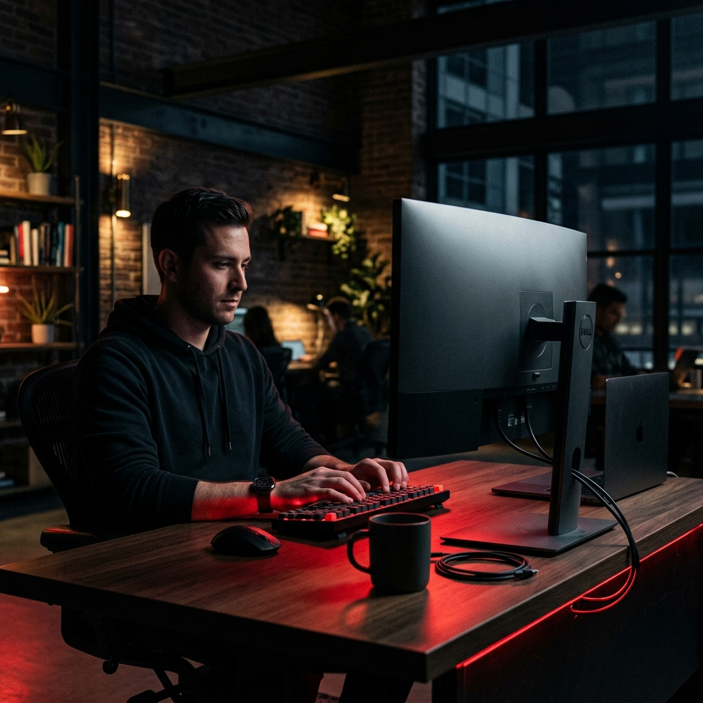 Developer coding at night with red ambient workspace glow