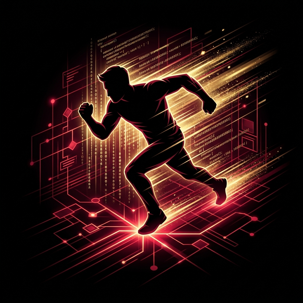 Developer silhouette navigating framework selection pathways
