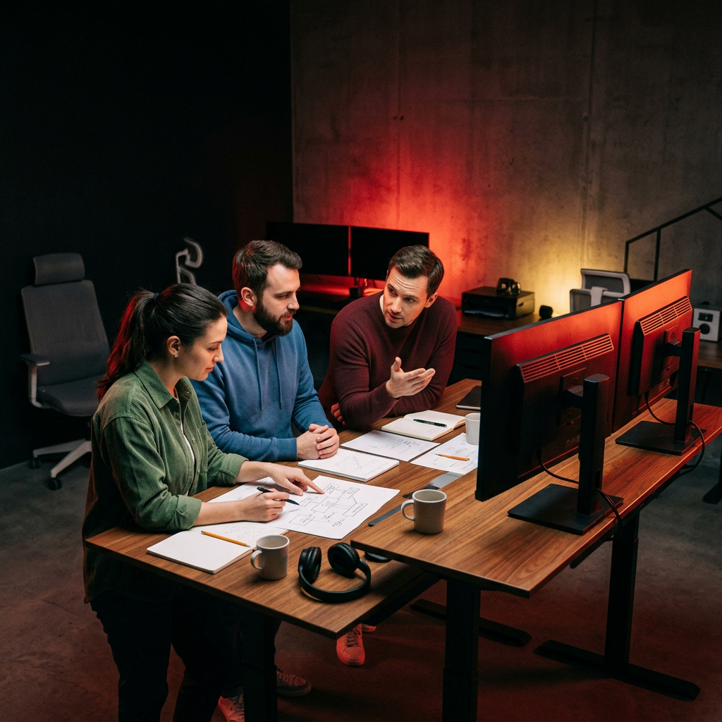 Development team collaborating on React solution design
