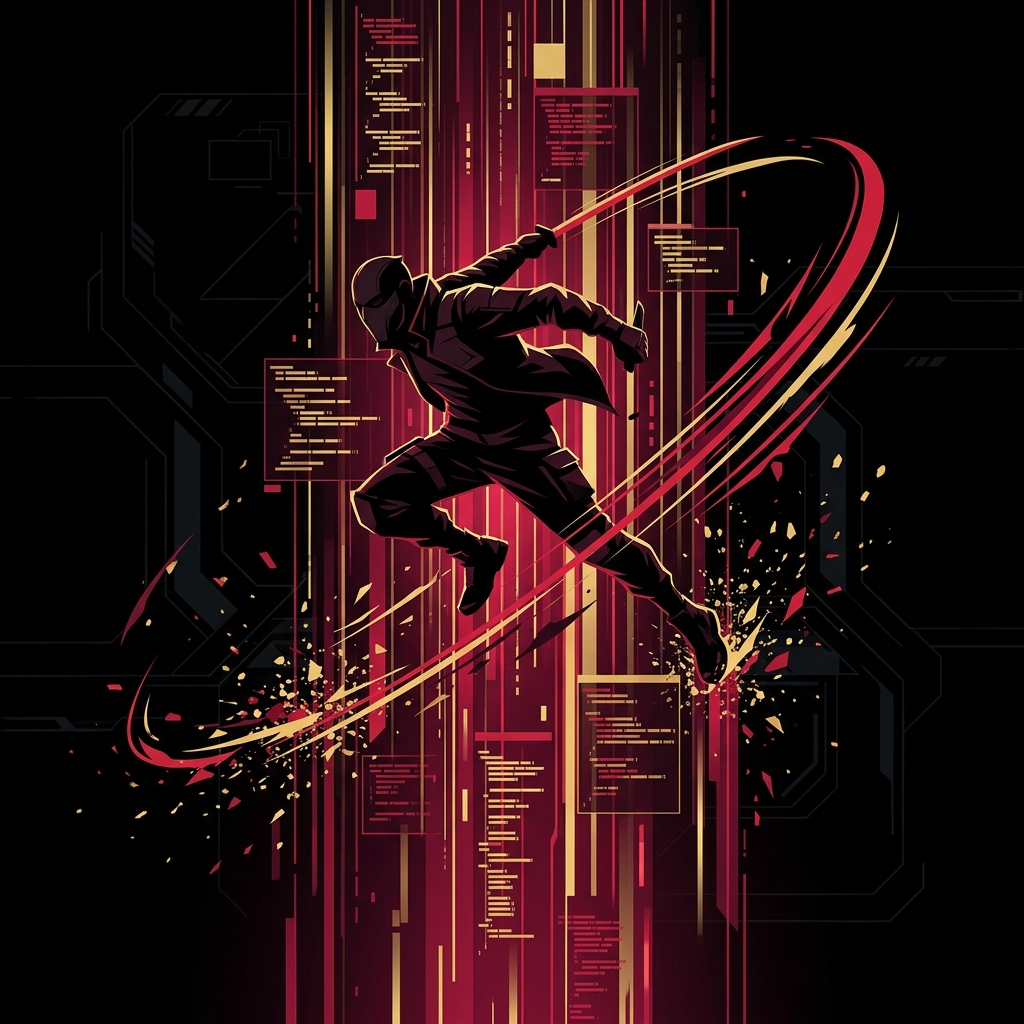 Masked figure slicing through glowing code streams