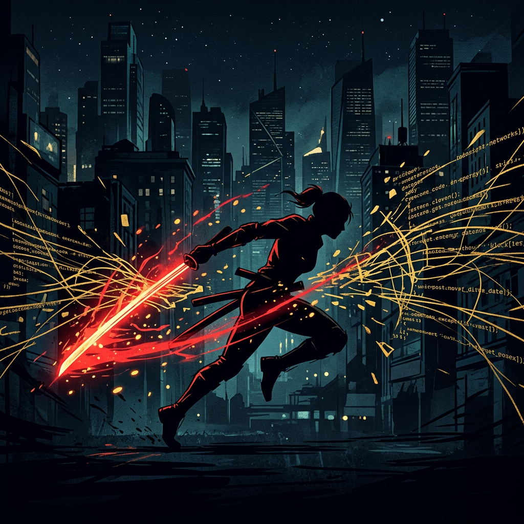 Ninja figure cutting through complexity with decisive action