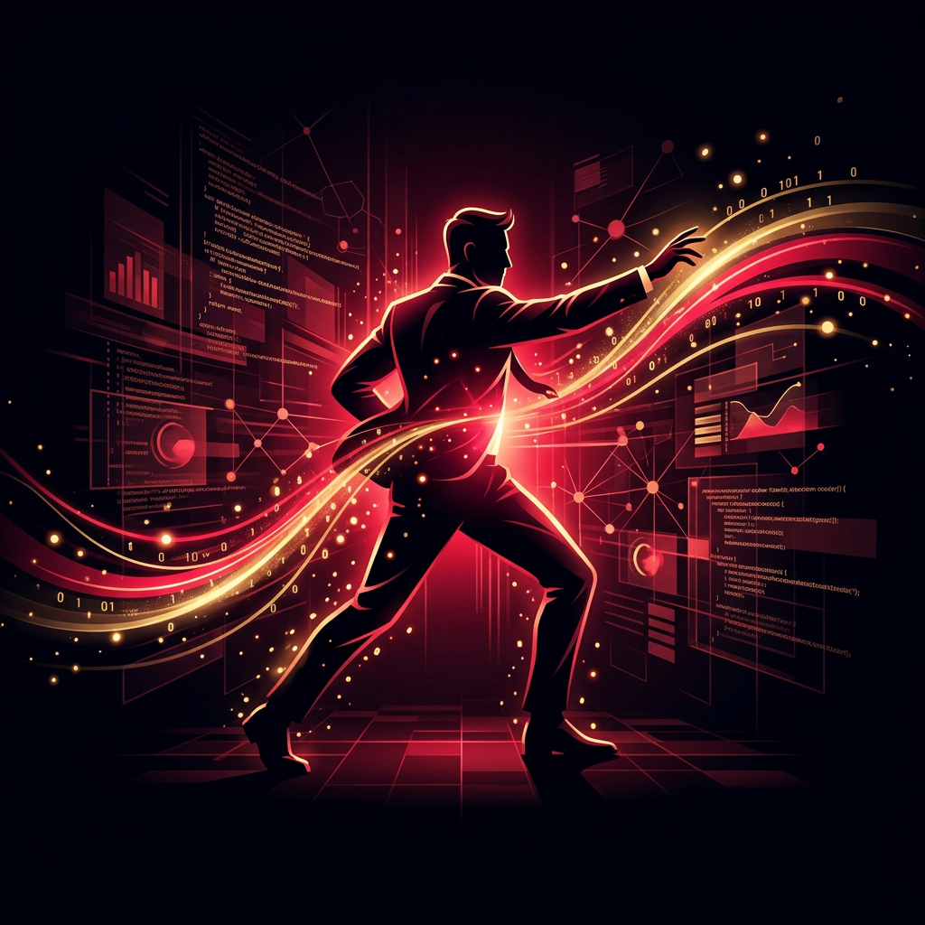 Tech leader commanding digital transformation with red energy
