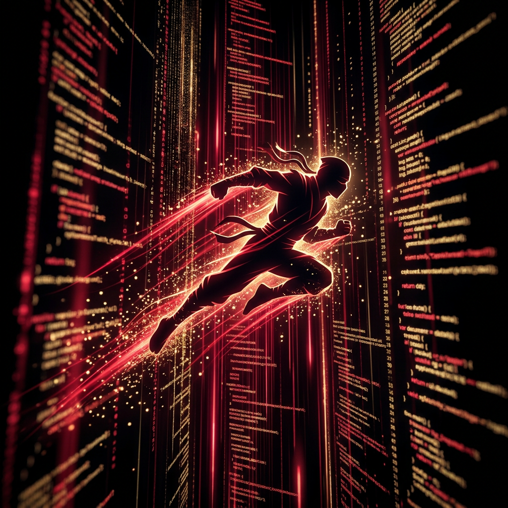 Ninja-inspired figure moving through glowing code streams