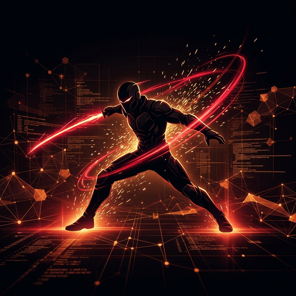 Tech ninja silhouette moving through digital data streams