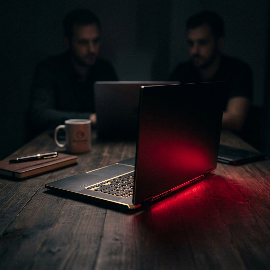 Red-glowing laptop representing active development partnership