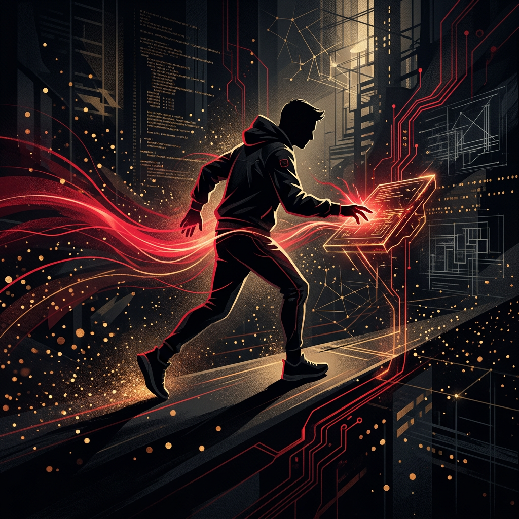 Developer silhouette with red energy streams and golden particles