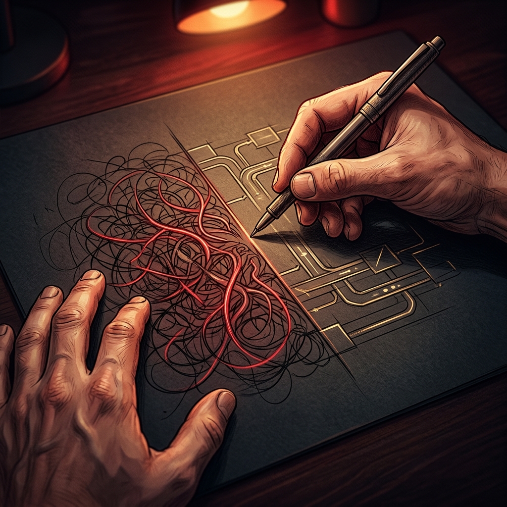 Hands sketching the custom versus SaaS choice