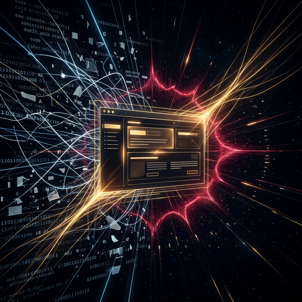 Chaotic code transforming into clean MVP interface with red glow