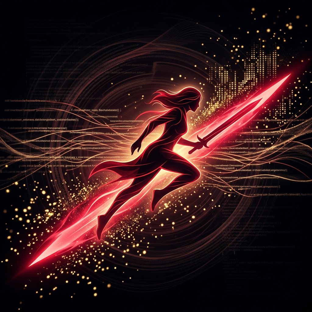 Ninja figure cutting through chaos into order
