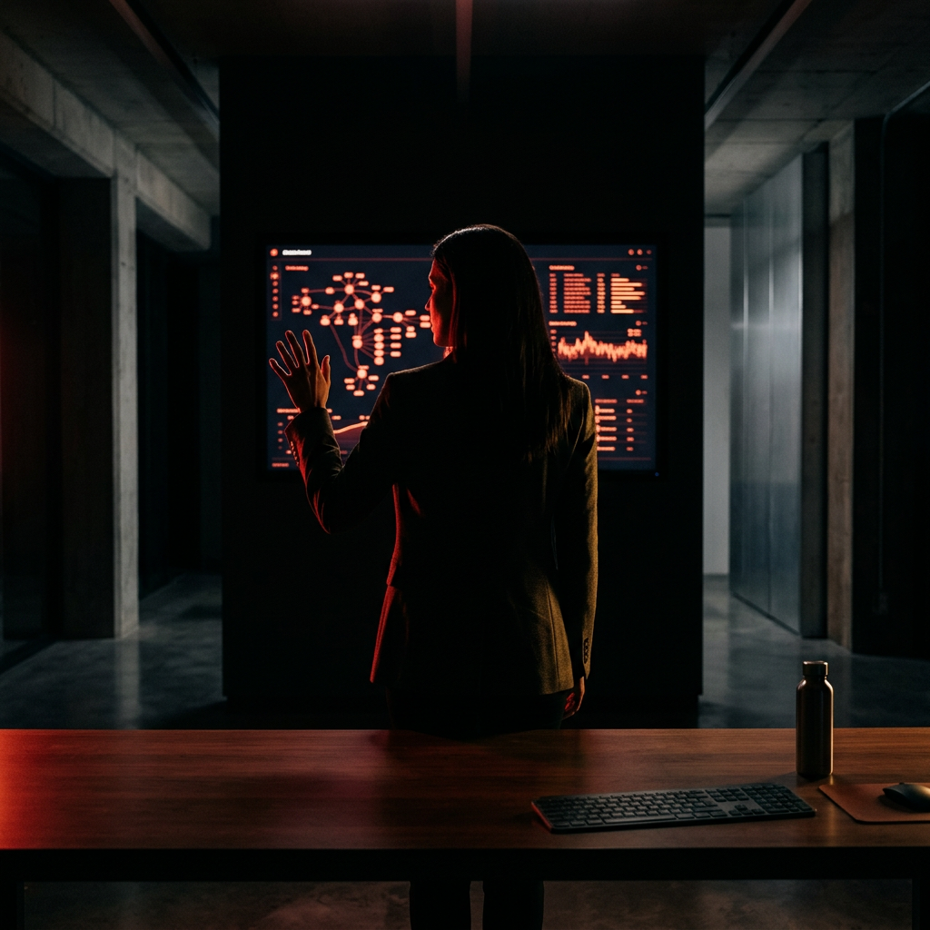 Founder commanding agentic AI systems with red glow