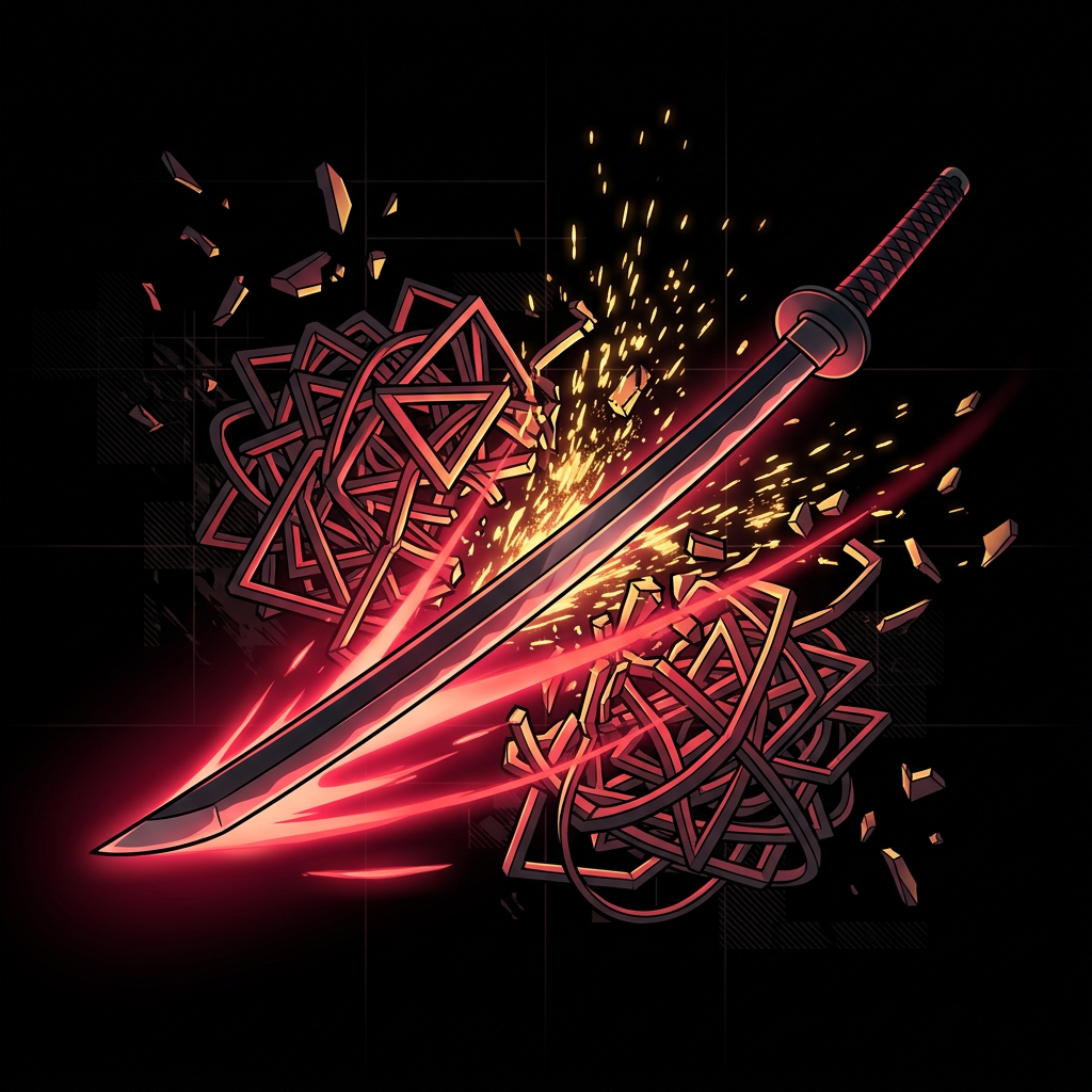 Katana cutting through tangled code with red glow