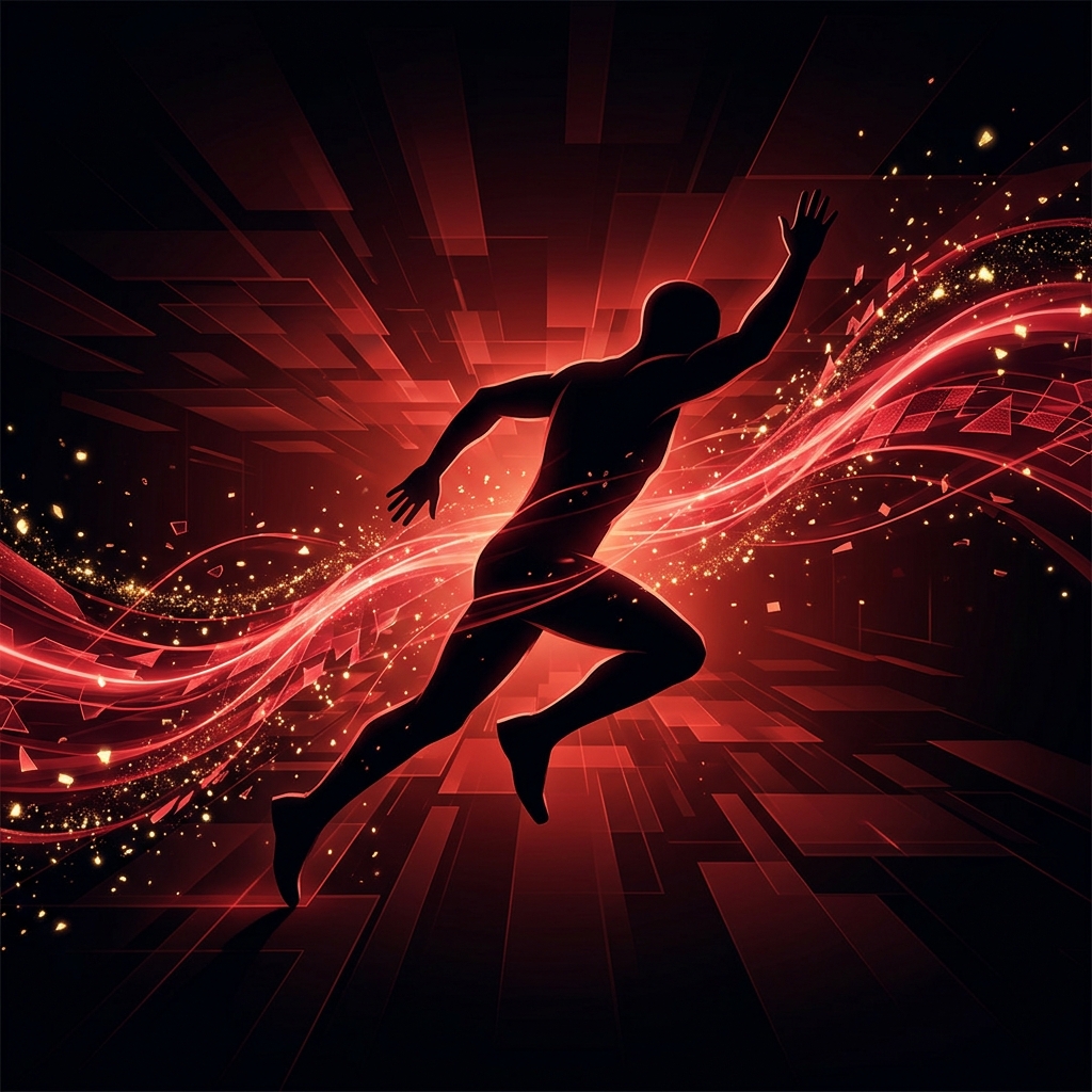 Dynamic figure moving through glowing data streams