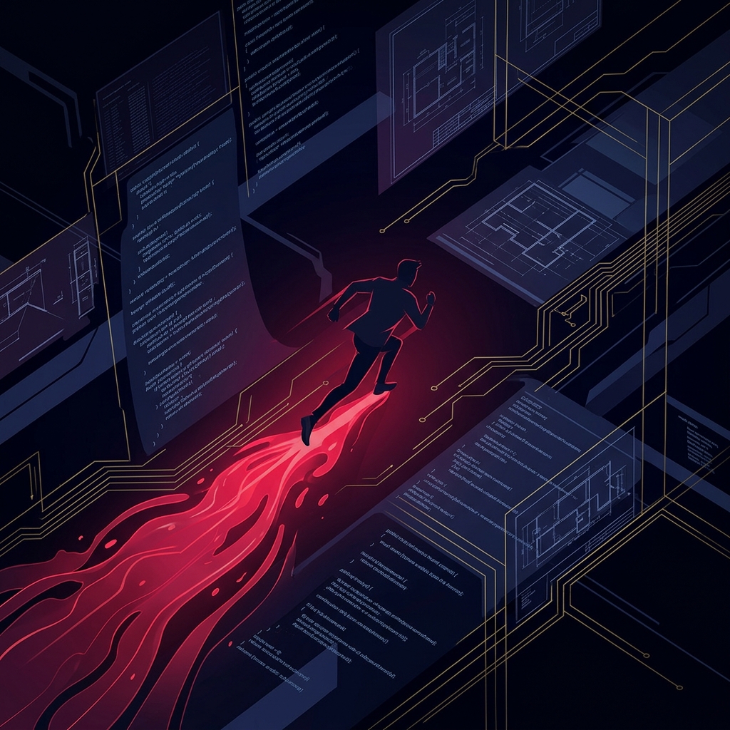 Silhouette navigating through tech stack architecture landscape
