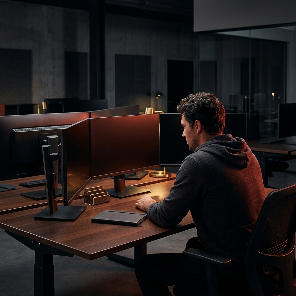 Founder evaluating tech stack options at glowing monitors