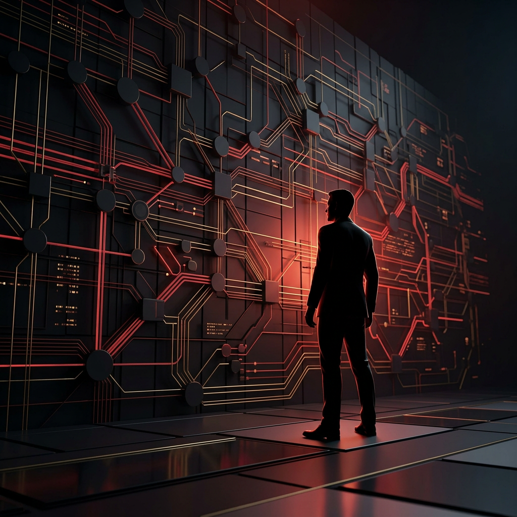 Leader navigating glowing technical network