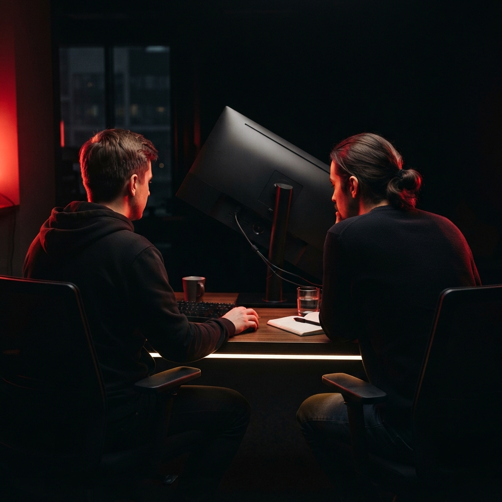 Two startup founders working together in a dimly lit office with professional lighting
