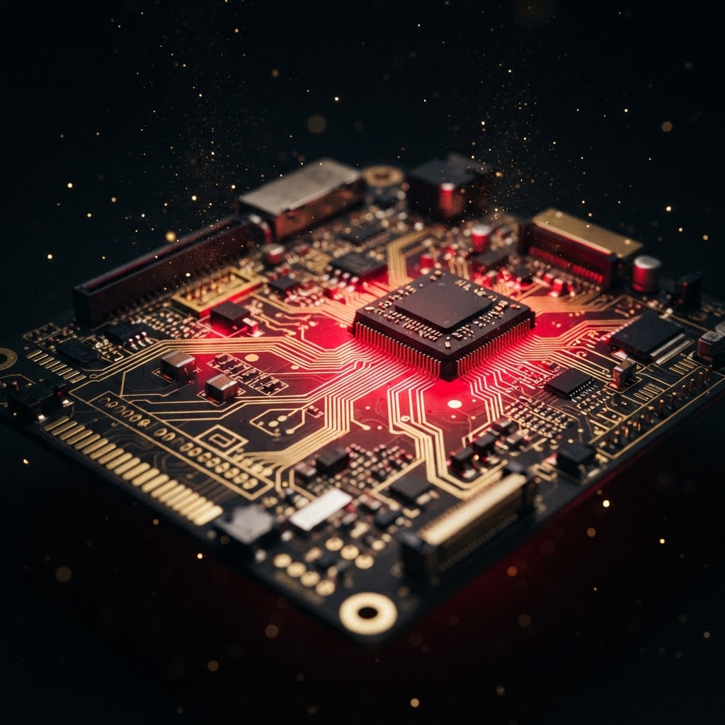 Detailed close up of electronic circuits with red and gold light