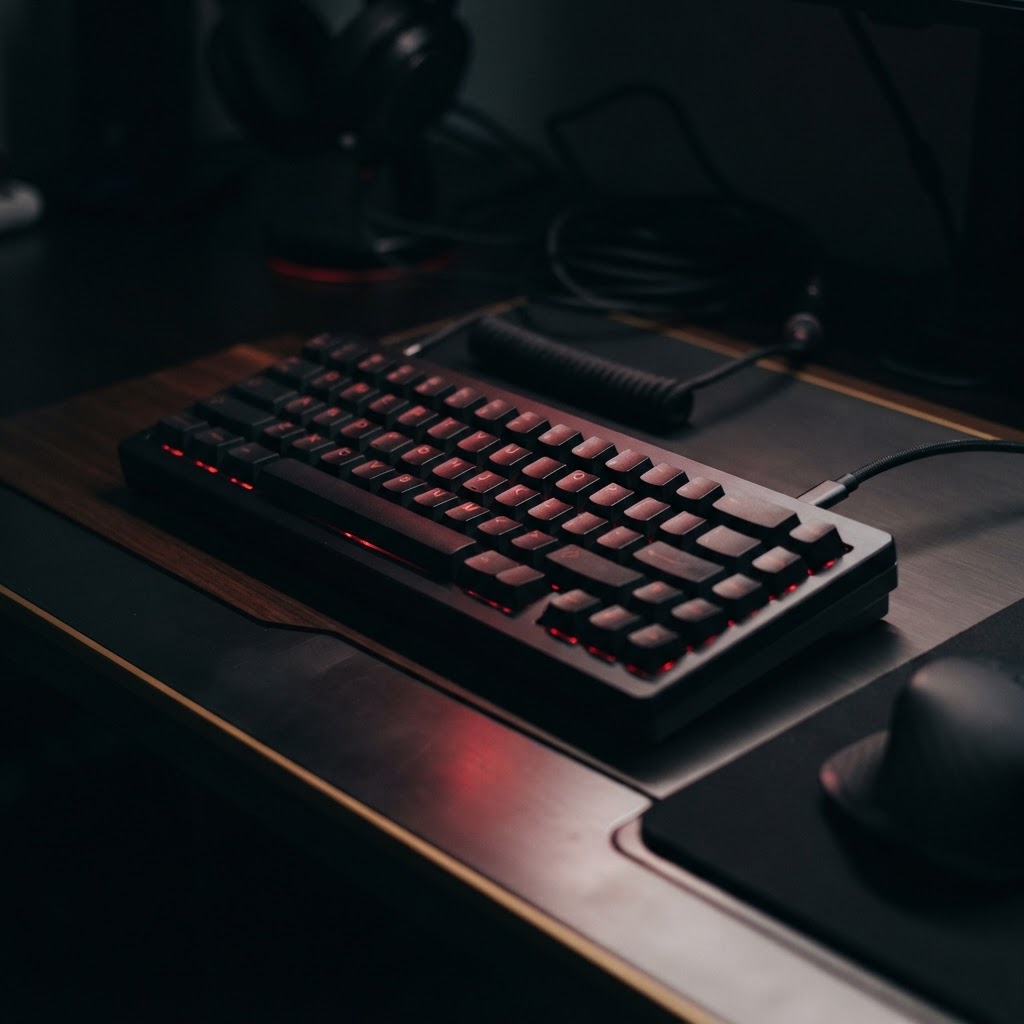 Close up of a glowing mechanical keyboard in a dark room