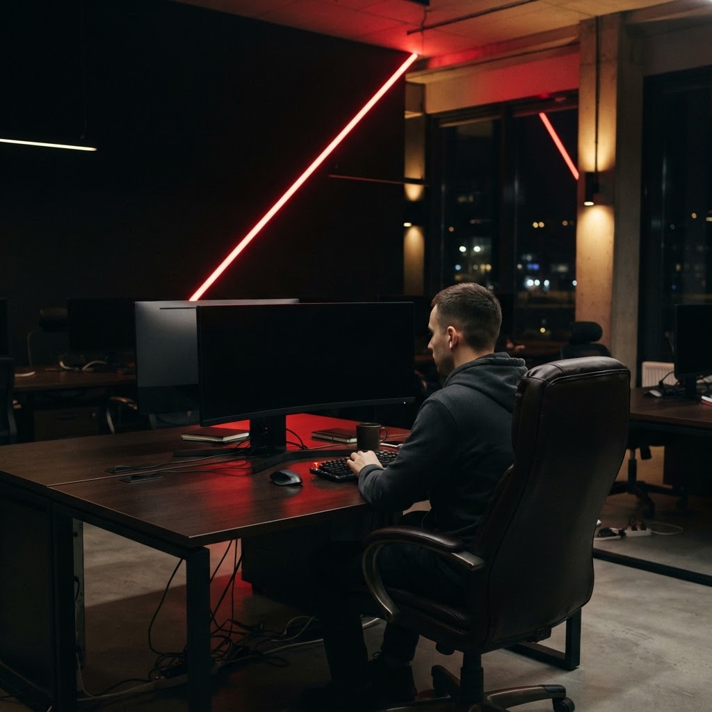A developer working in a minimalist dark office at night