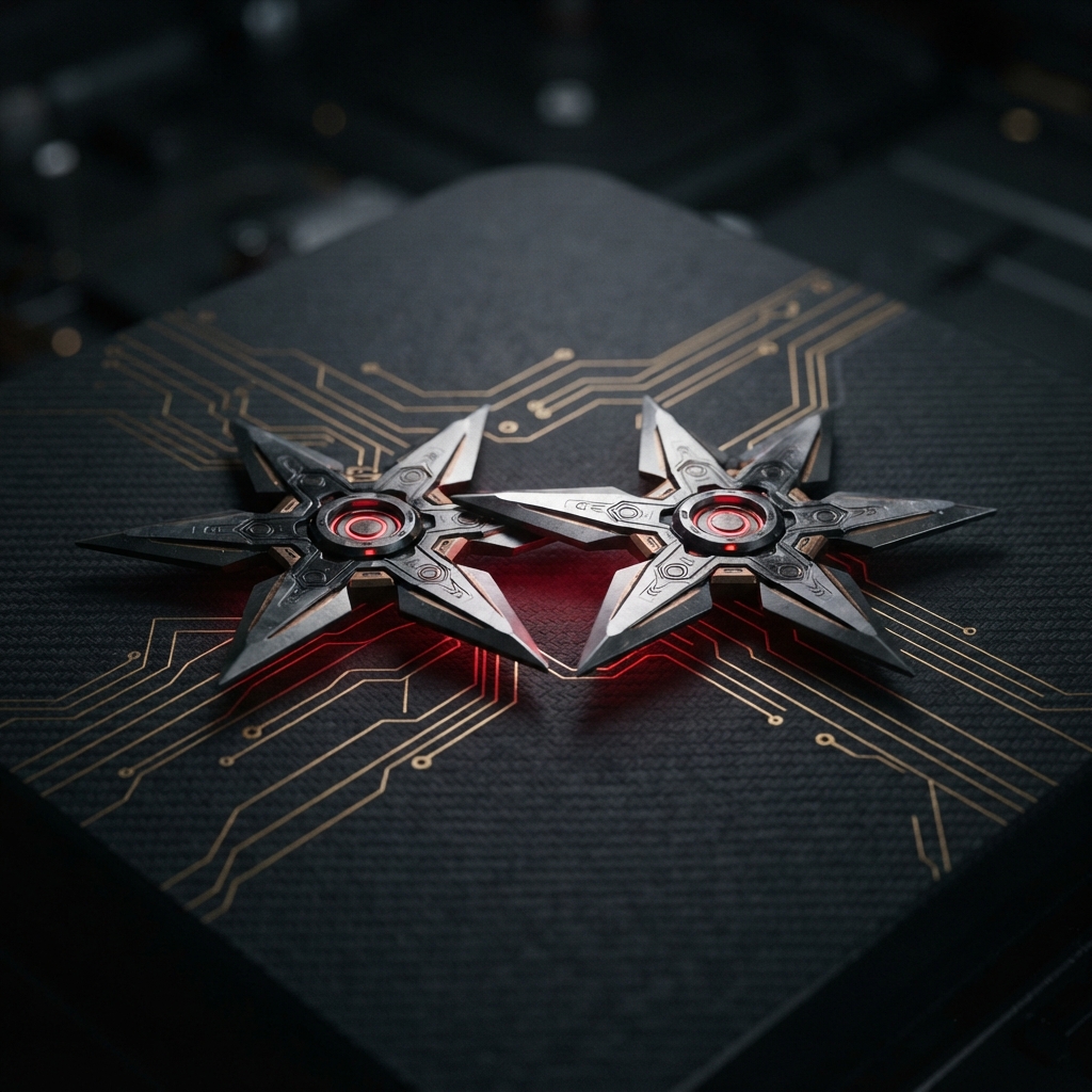 Metallic ninja shuriken resting on a dark technological surface
