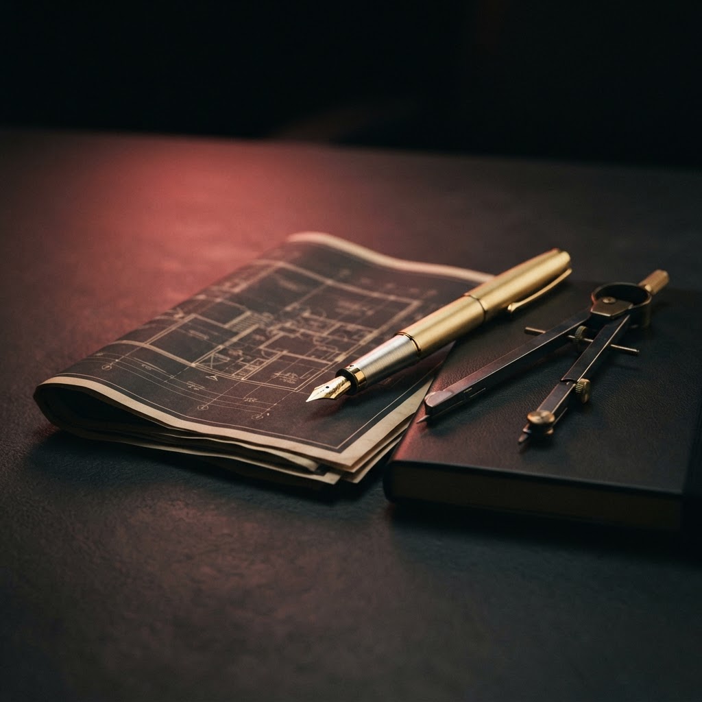 Clean workspace tools on a dark desk with red glow