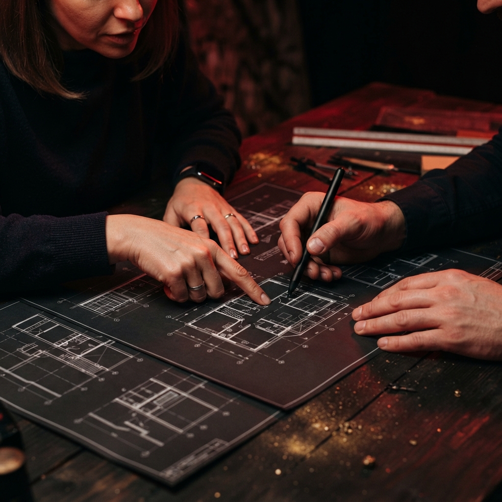 Two people collaborating on a project in a dark room with red lighting