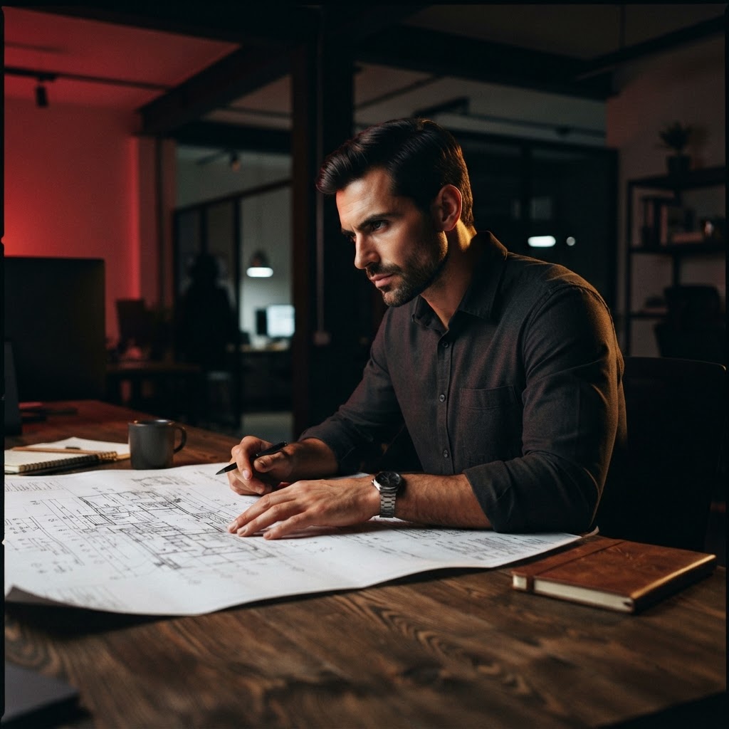Startup founder reviewing project plans in a dimly lit office