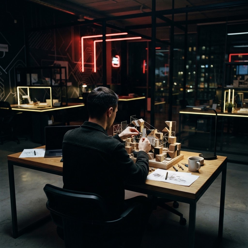 A detailed project model in a dark, high-tech workspace