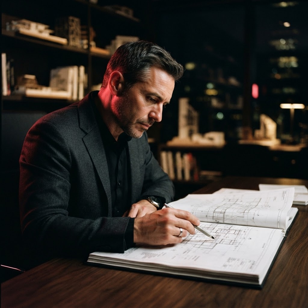 A startup founder reviewing technical plans in a dimly lit office