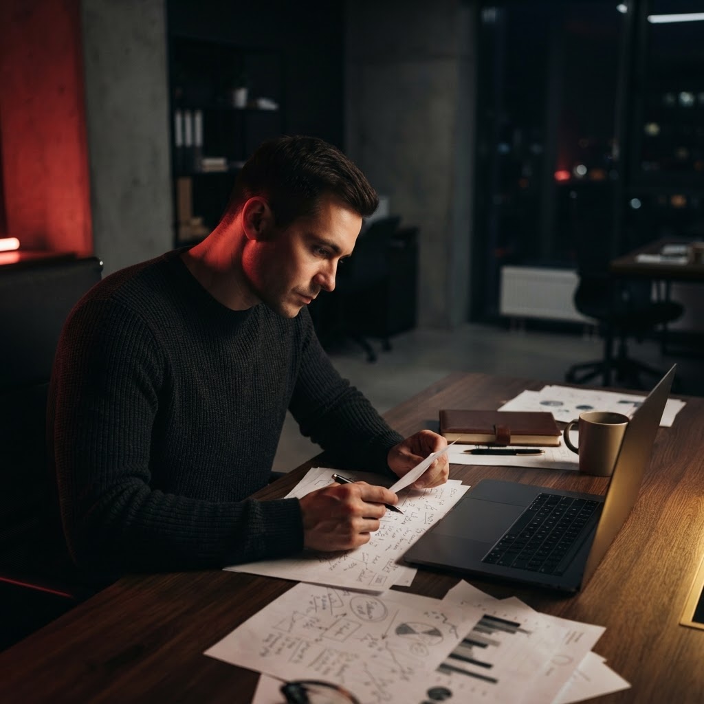 Startup founder reviewing project plans in a dark office