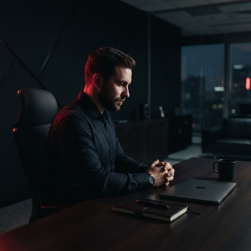 Startup founder working in a moody dark office