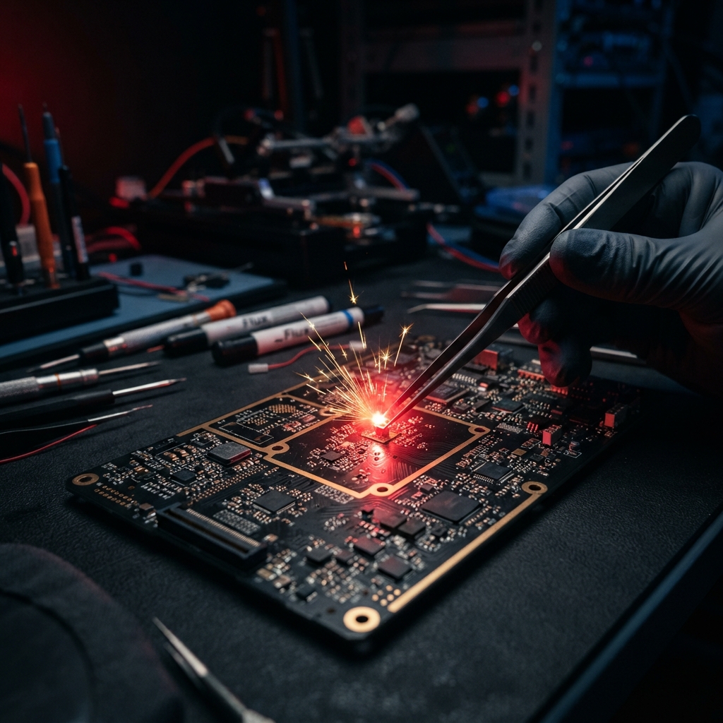 Precision mechanical components glowing against black background