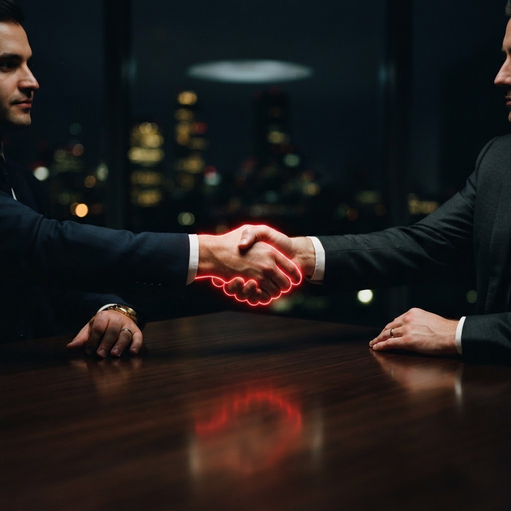 Two hands shaking in a dark, professional environment