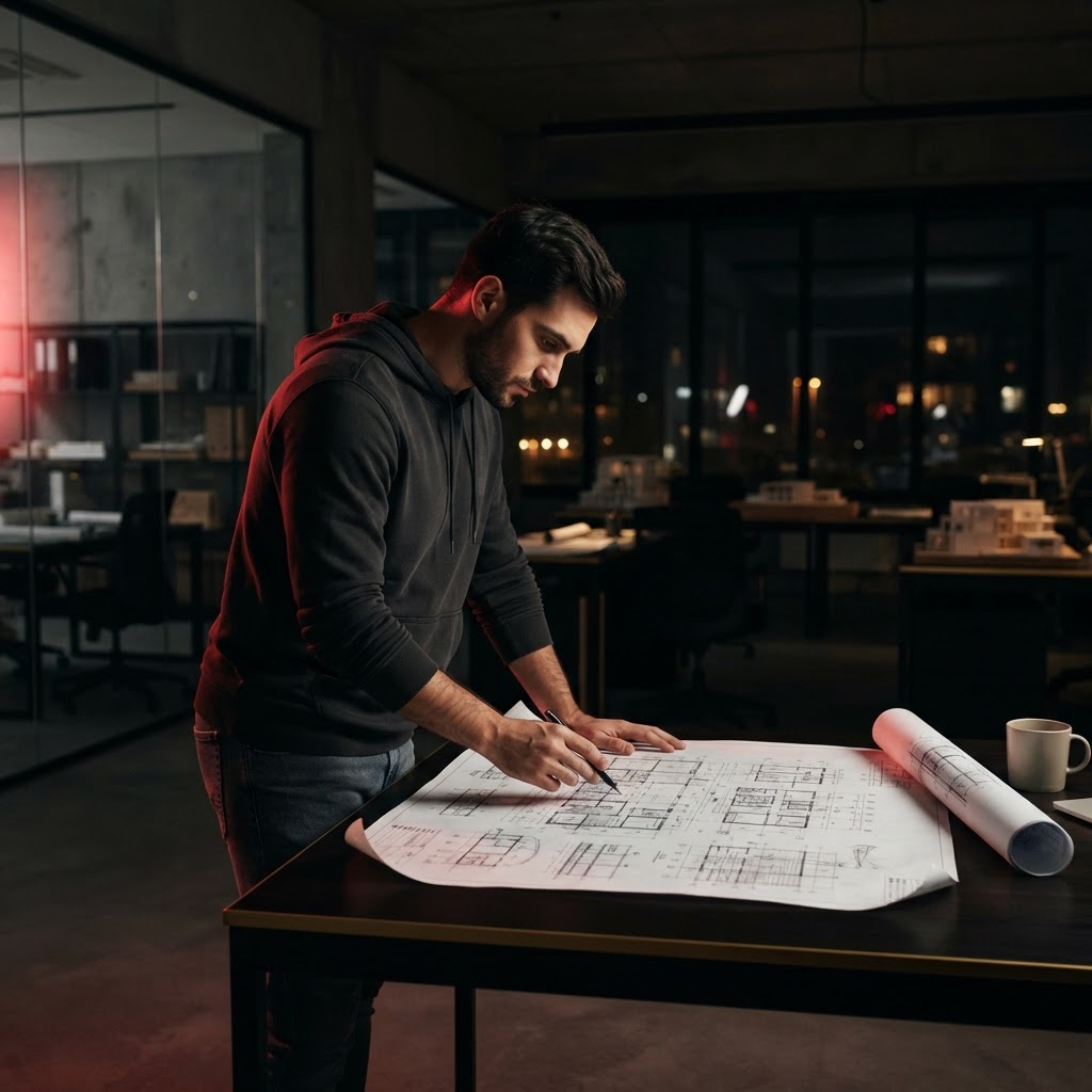 Founder reviewing architectural plans in a dark office