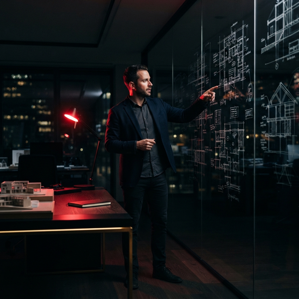 Founder planning application architecture in a dark office