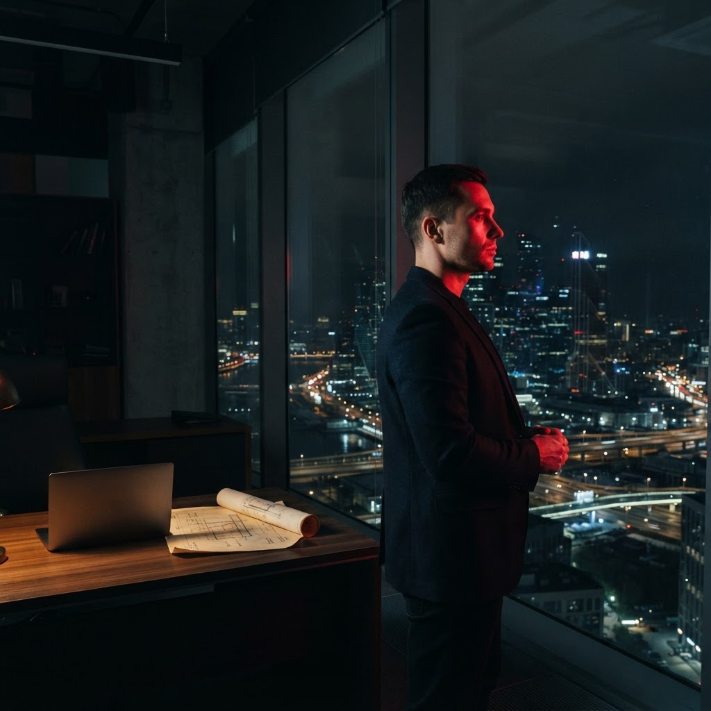 Startup founder planning technical strategy in a dark office