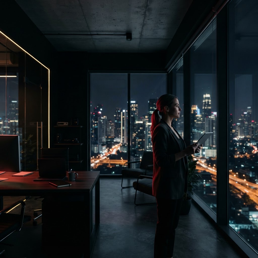 A startup founder working in a modern, moody office at night