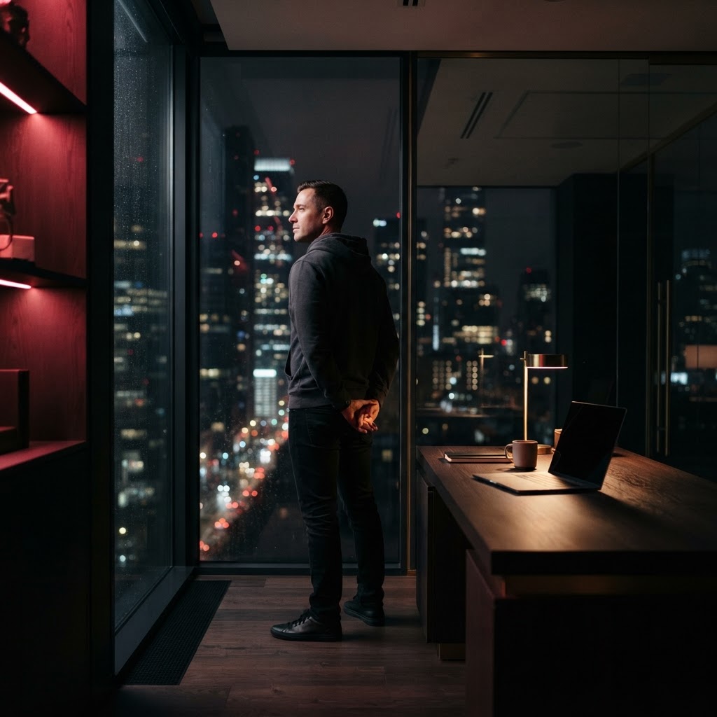 Startup founder standing in a dimly lit modern office