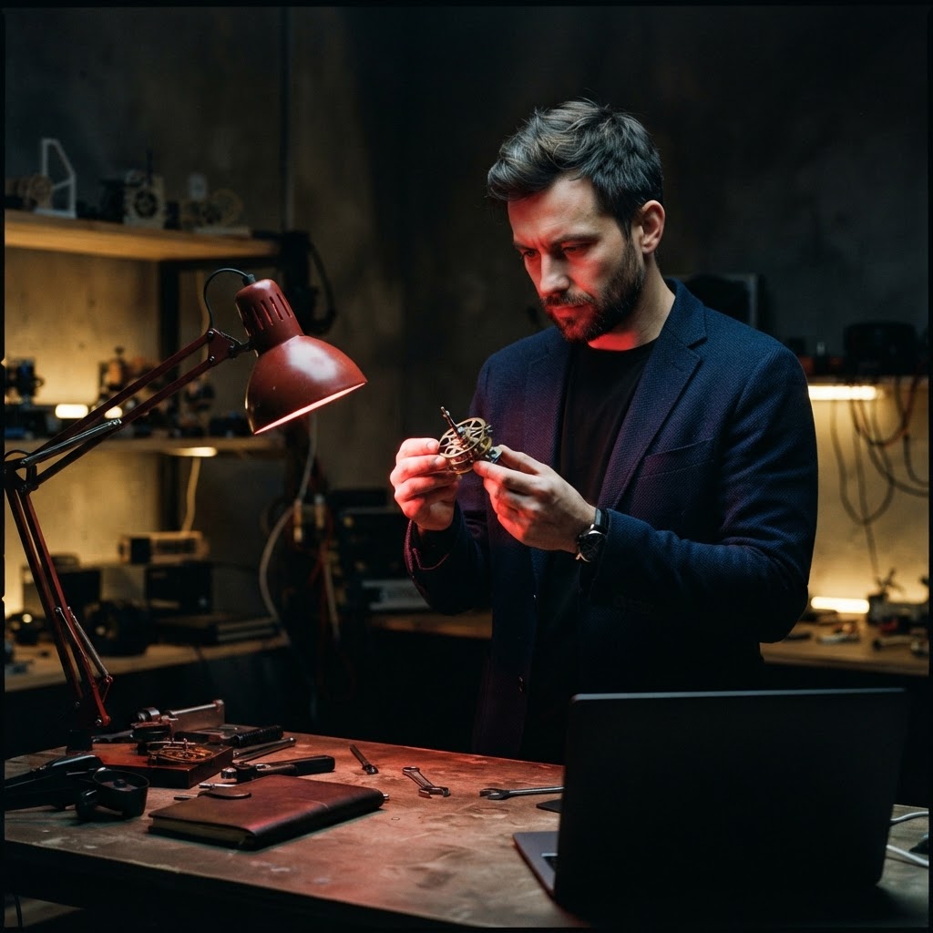 Startup founder examining technical components in a dark studio