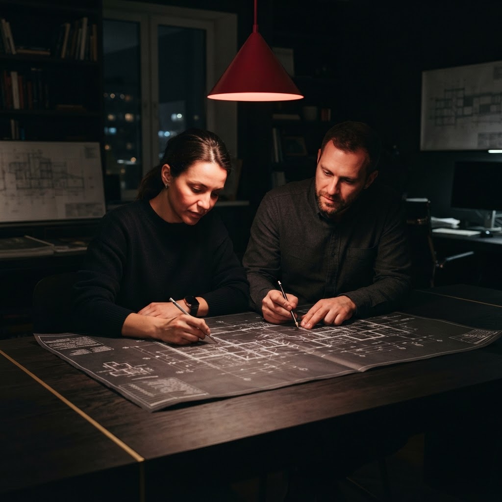Two professionals collaborating on a physical project blueprint