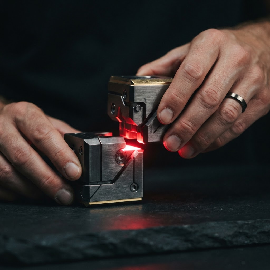 Hands assembling geometric metallic blocks with red glowing light