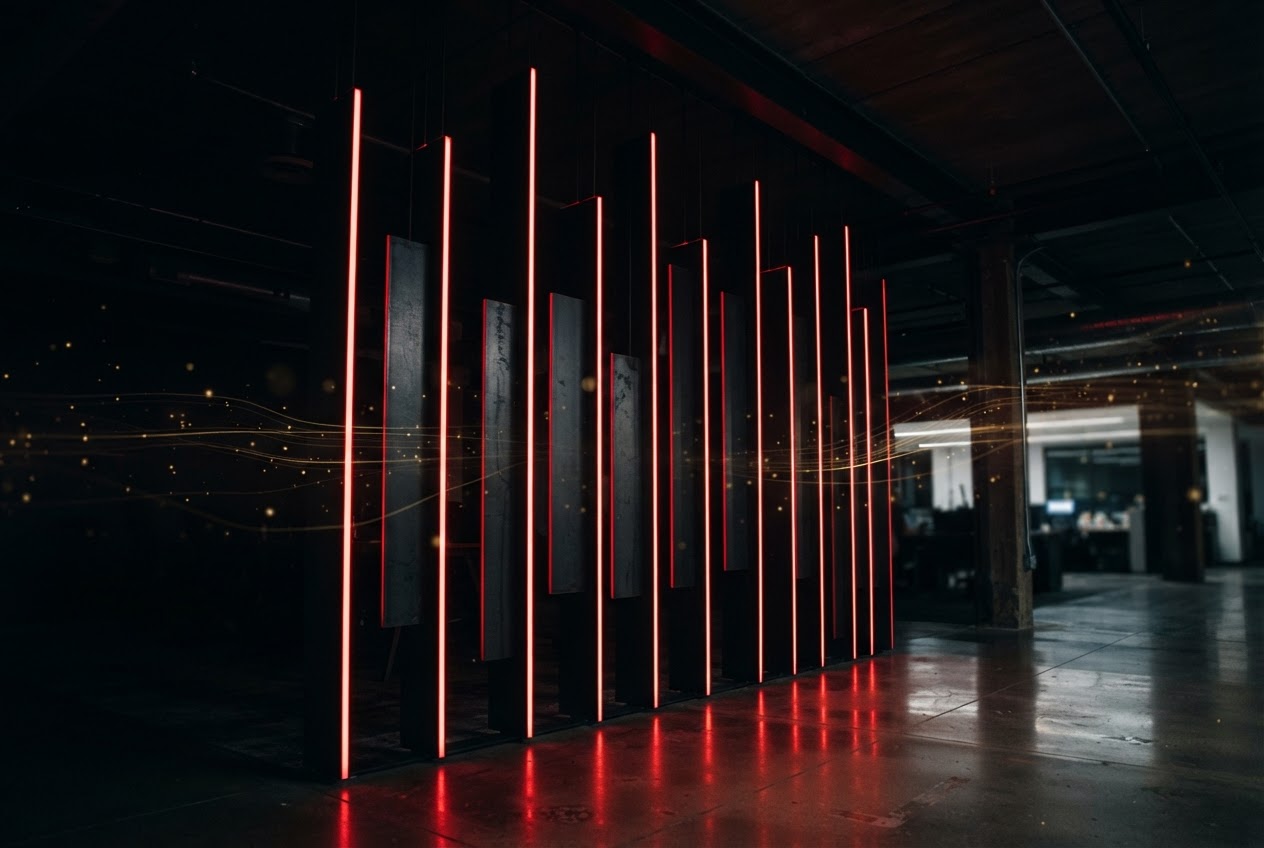 Abstract vertical panels showing stages of app development in a dark room