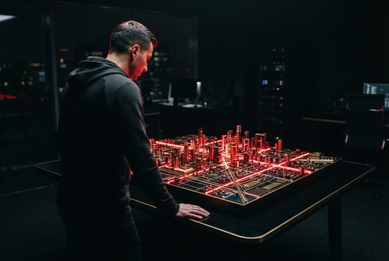 Founder examining a complex architectural model in a dark office