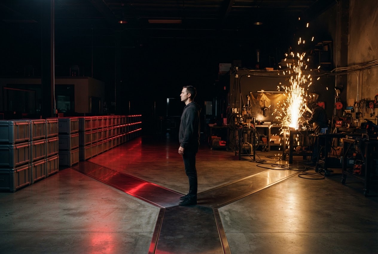 Startup founder choosing between two paths in a tech office