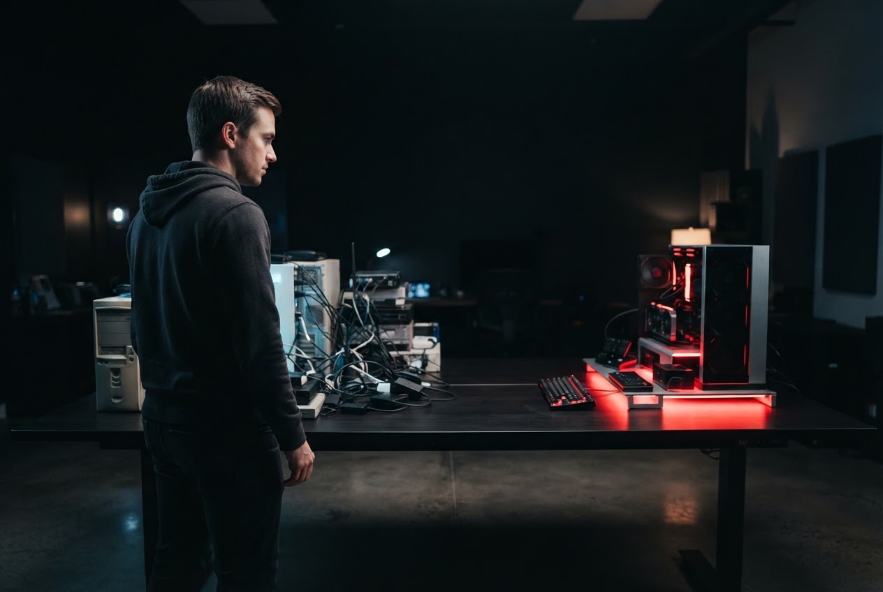 Startup founder comparing legacy hardware to a modern glowing workstation