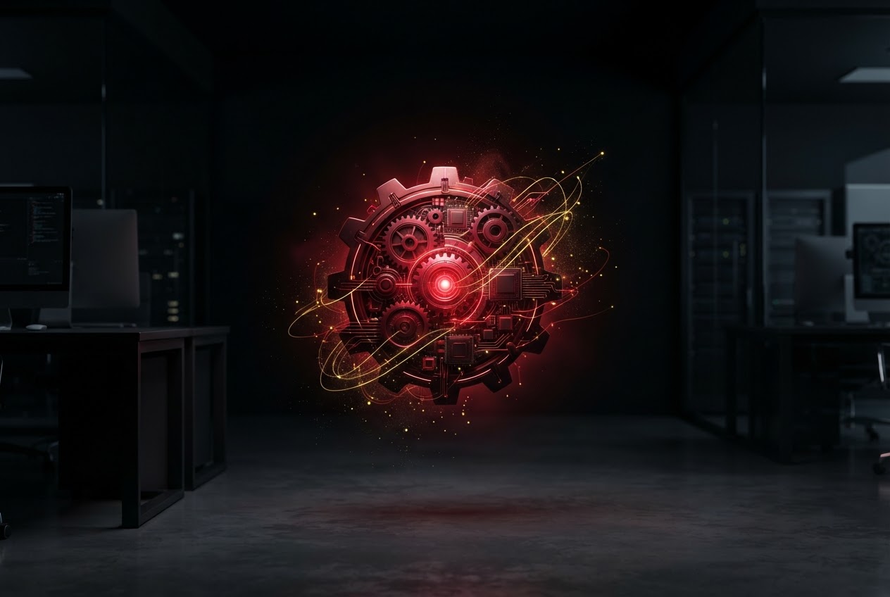 Stylized glowing gears and circuits representing AI mechanics