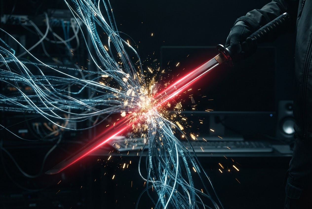 A glowing katana blade slicing through tangled code strands