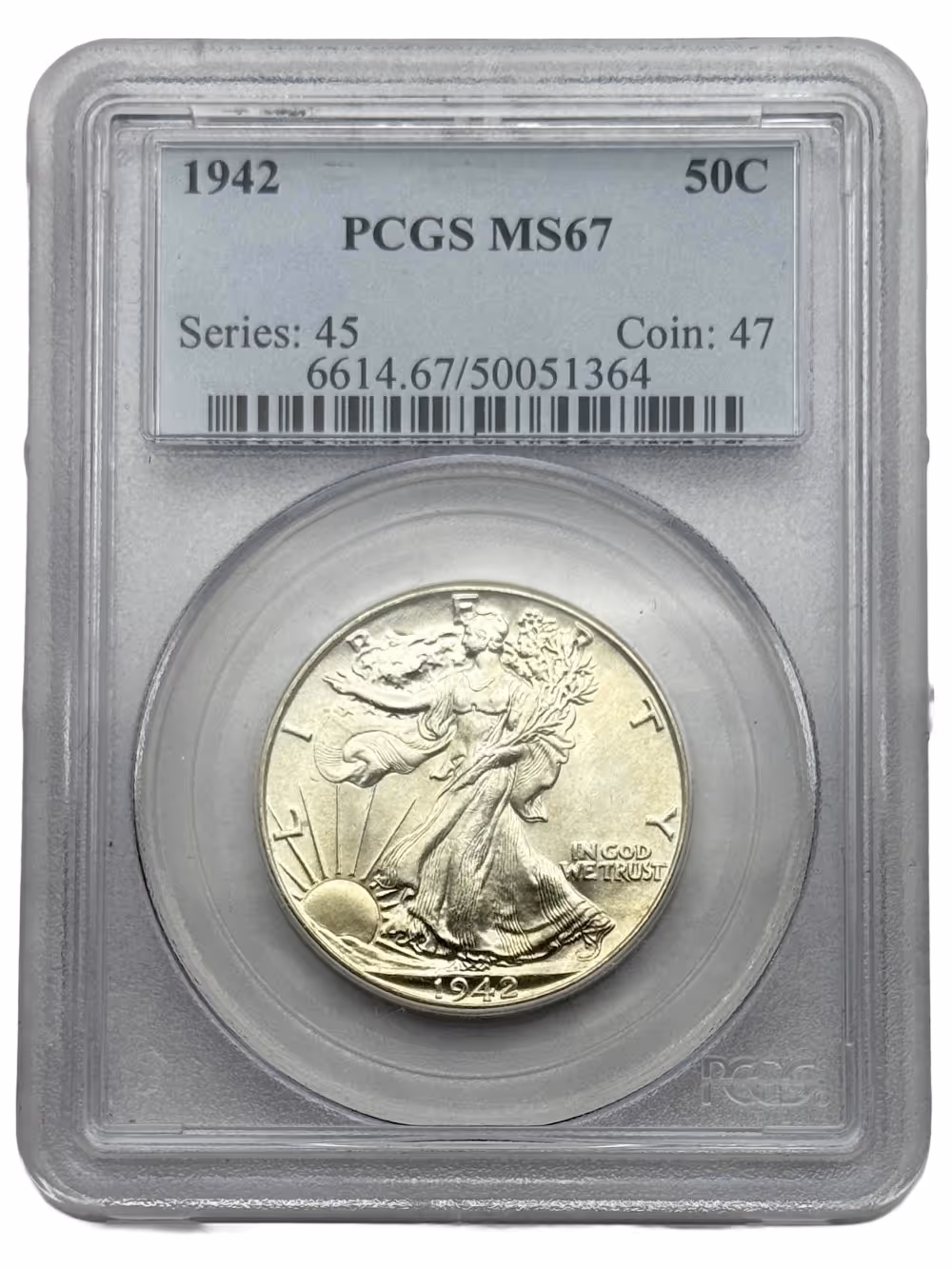 1942 Half Dollar 50c, PCGS MS67, Gem Coin, Silver Walking Liberty.