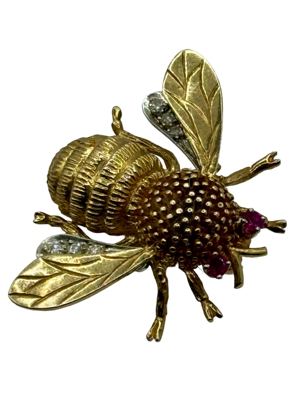 Carl Lindstrom Mid-Century Diamond, Ruby, 14k Gold 'Bumble Bee' Brooch.