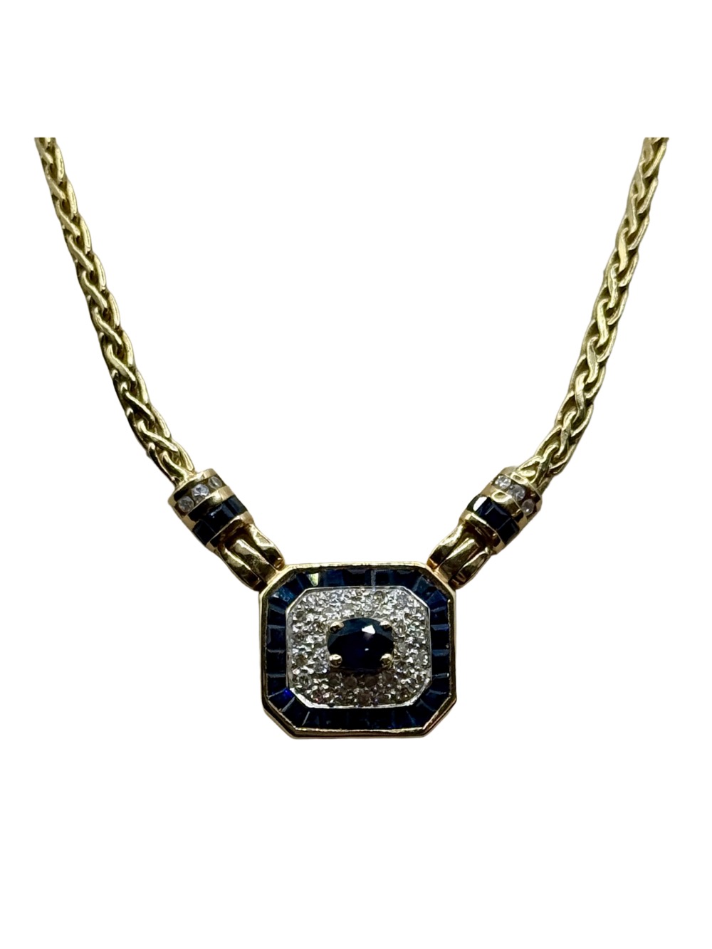 UnoAErre 14k Gold Necklace Blue Sapphires & Diamonds, 11.2g, Italian Vintage